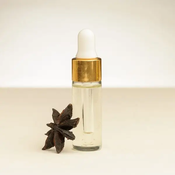 4 ml flesje etherische steranijs-olie naast een steranijs vrucht