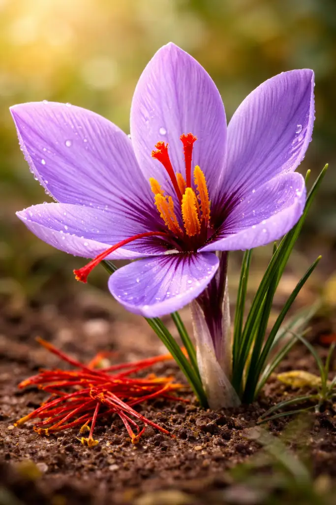 Essiac saffraanbloem (Crocus sativus) met rode saffraandraden in warme natuurlijke setting
